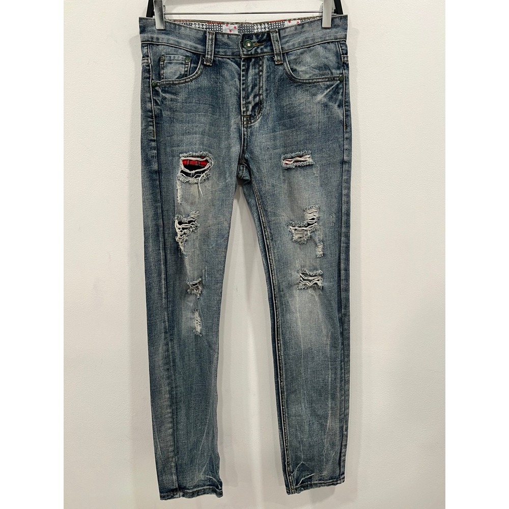 Levi Strauss & Co Mens 28 Blue Distressed Plaid Patchwork Slim Fit Jeans